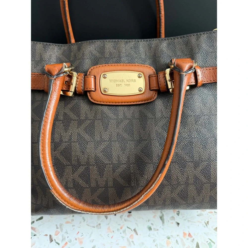 Michael Kors Hamilton Satchel Brown Logo PVC Leather Preppy Classic Tote Bag